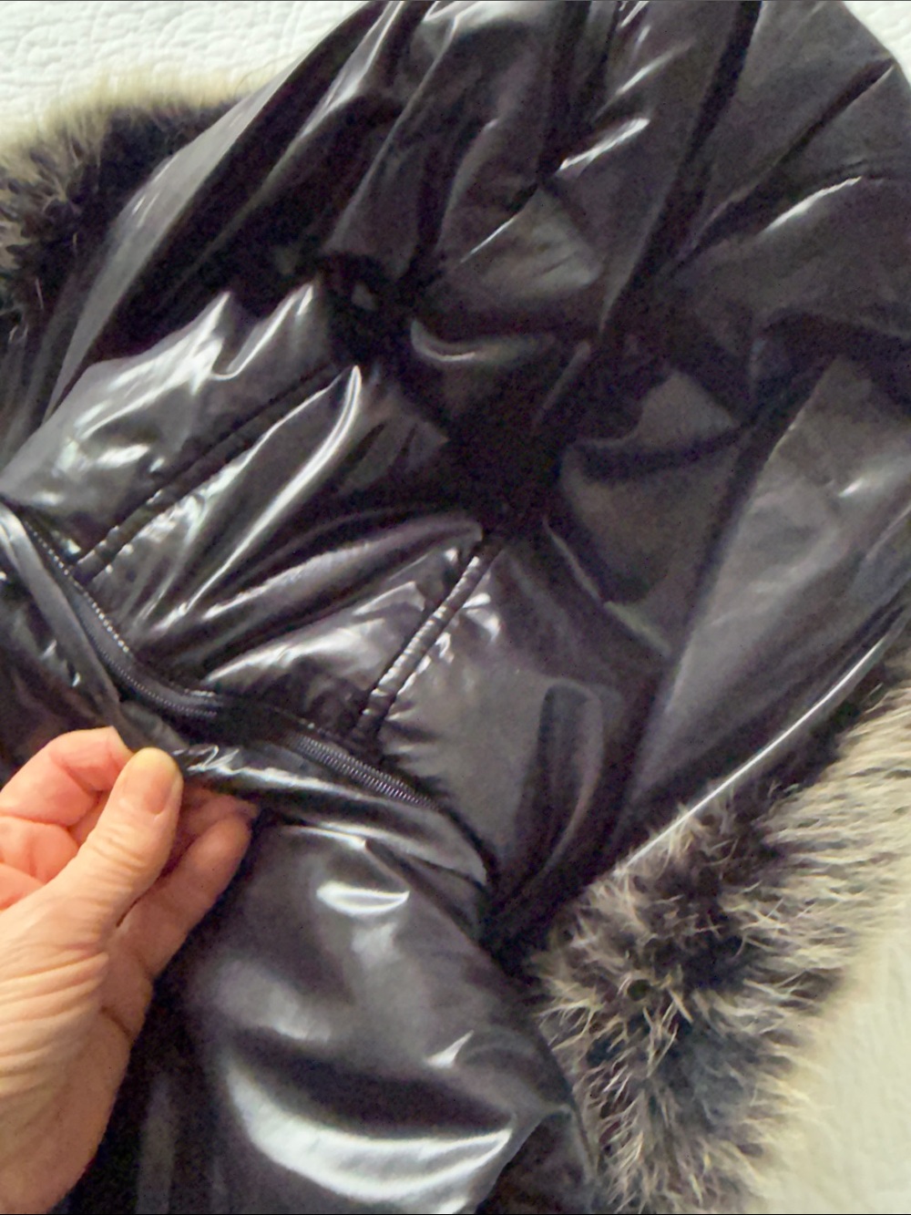 Michael Kors Black Shiny Quilted Puffer Vest with Faux Fur Hood - Picture 11 of 15